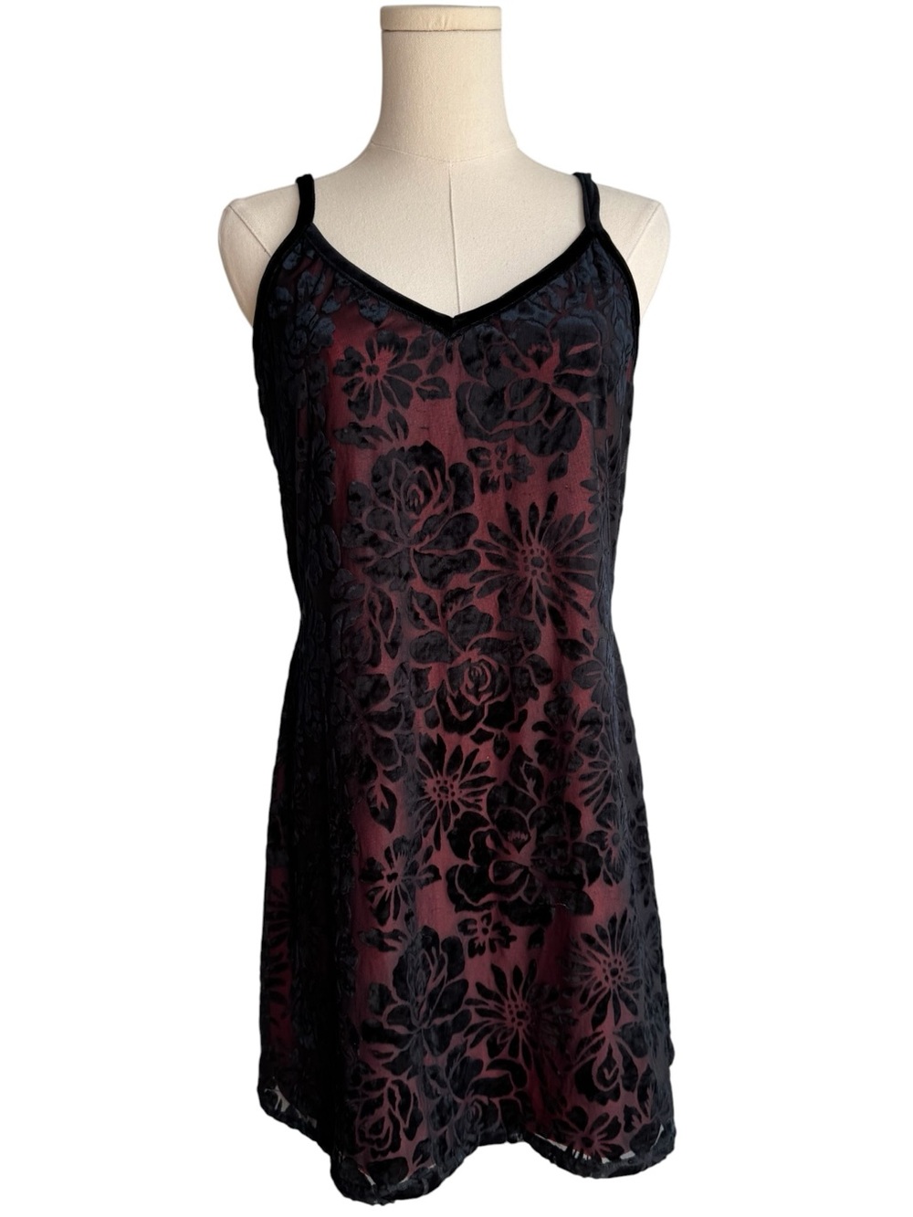 Vintage 90s Velvet Burnout Mini Slip Dress Sz M/L Black Red Goth Fairy Grunge